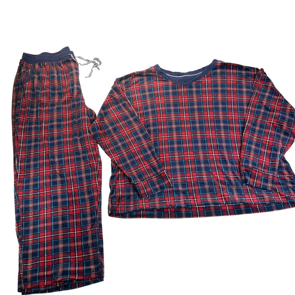 Nautica Mens Red Navy Plaid Velour Pajama Set XXL Sleepwear 2 Piece